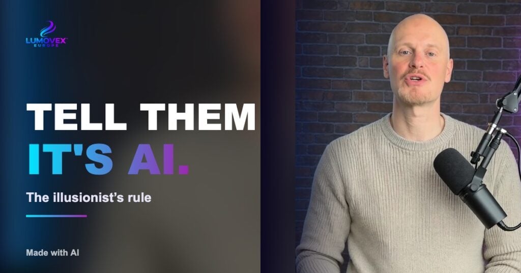 TELL THEM IT'S AI. The illusionist’s rule. Steven Diamond's AI twin, LUMOVEX Europe. Made with AI.