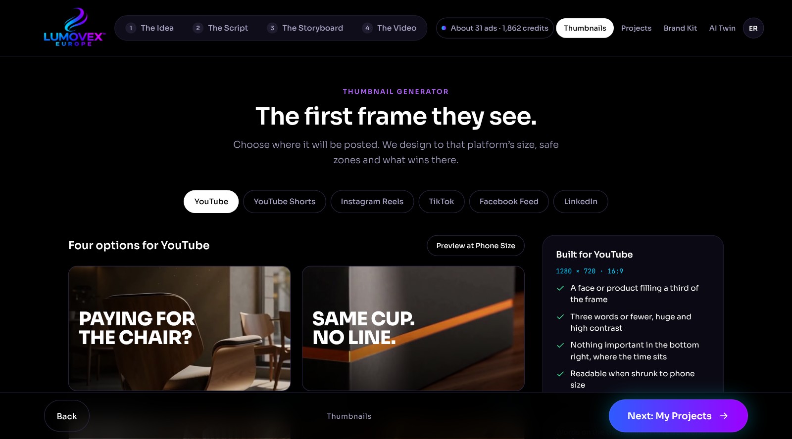 Thumbnail generator with platform options