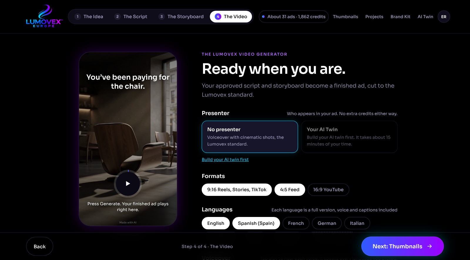 The Video step with formats and languages